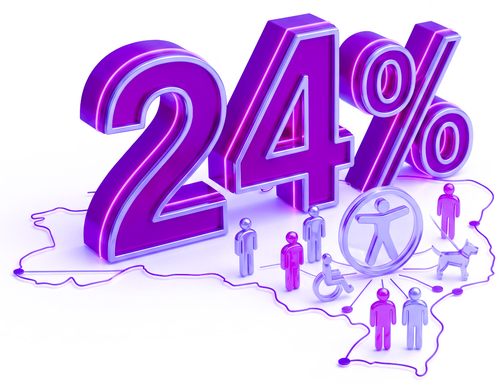 O número 24% em destaque roxo tridimensional sobre o mapa do Brasil, acompanhado de pequenas ...