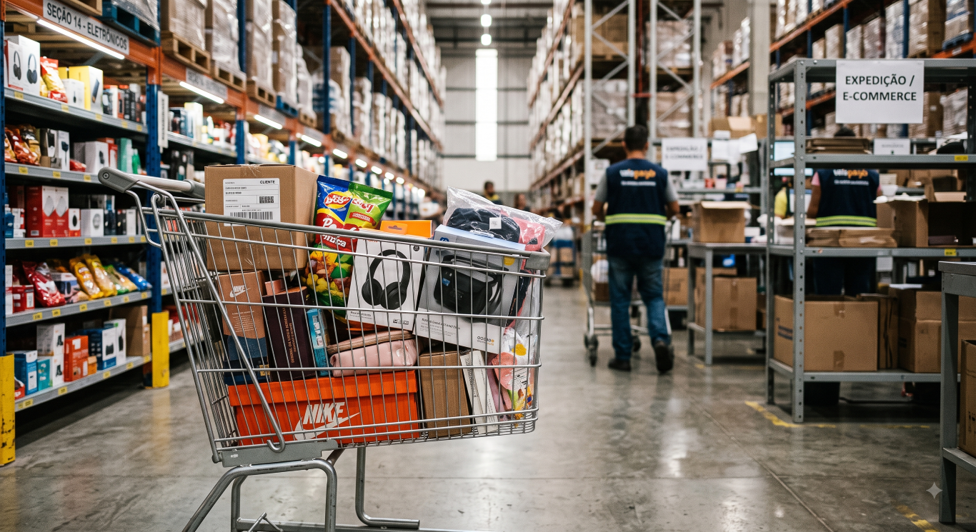 Carrinho de compras cheio de produtos em um grande armazém de distribuição.